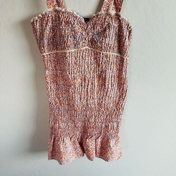 Zara Women’s Orange Floral Ruffle Smocked Mini Bodycon Boho Dress NWOT Size L - Picture 5 of 8